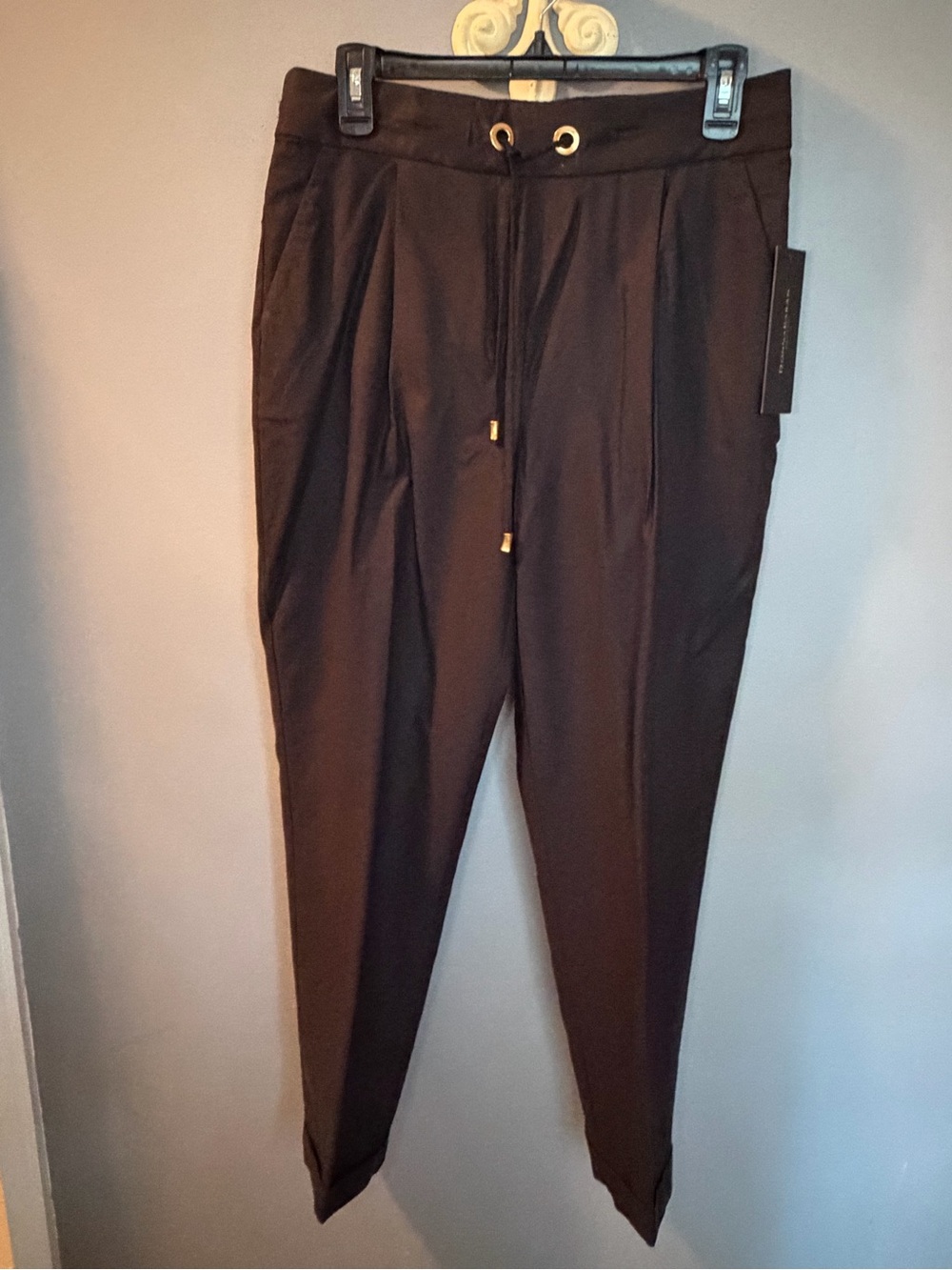 Donna Karan Black Drawstring Tapered Pants with Gold Accents